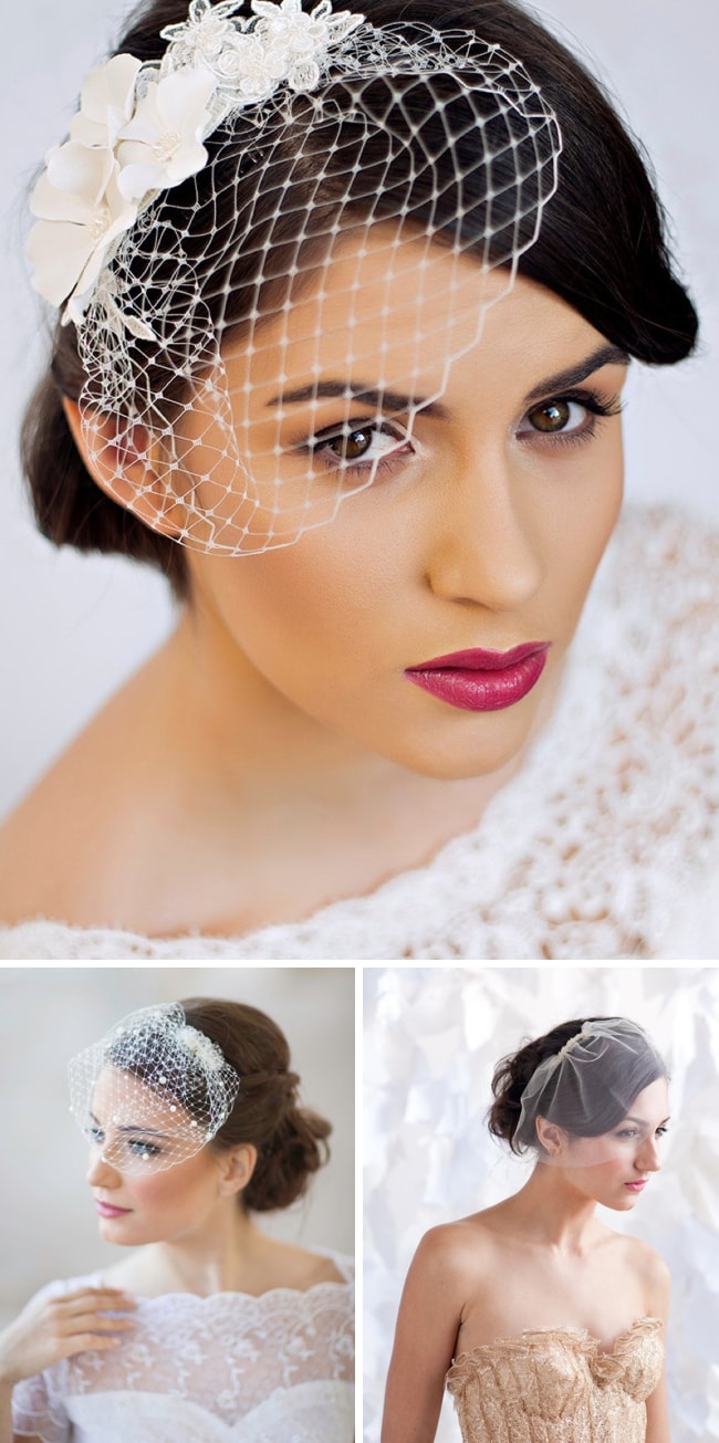 Image of Updo hairstyle with a birdcage veil for oval face