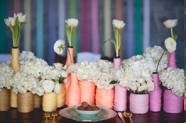 yarn wrapped vases wedding décor