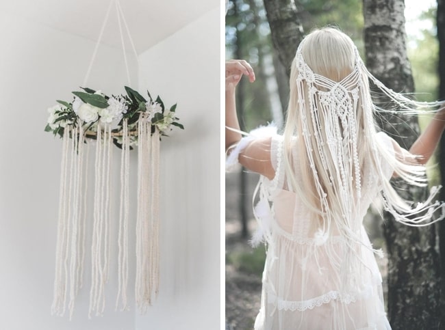 macrame wreath and bridal hairpiece