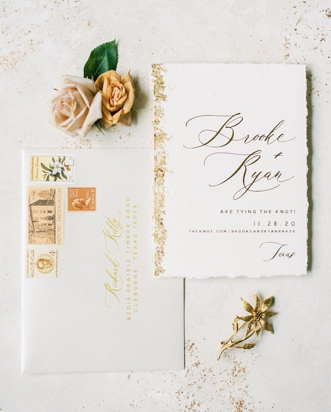 gold leafing wedding invitations and envelopes