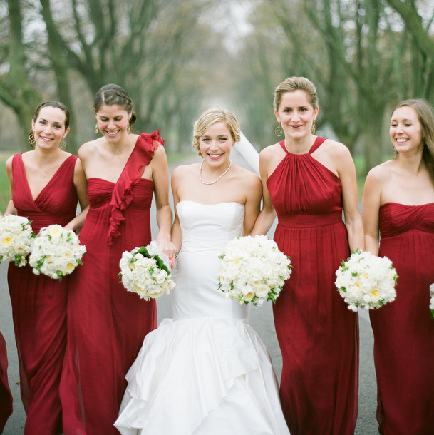 Red and white maid of store honor dresses