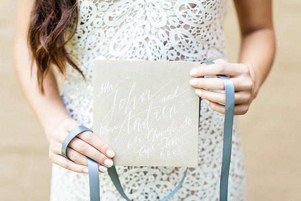 Calligraphy Wedding Invitation on Kraft Paper | Credit: Leandri Kers