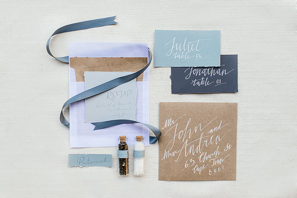 Calligraphy Invitation in Shades of Blue | Credit: Leandri Kers