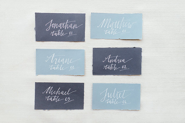 Blue Handwritten Calligraphy Escort Cards | Credit: Leandri Kers