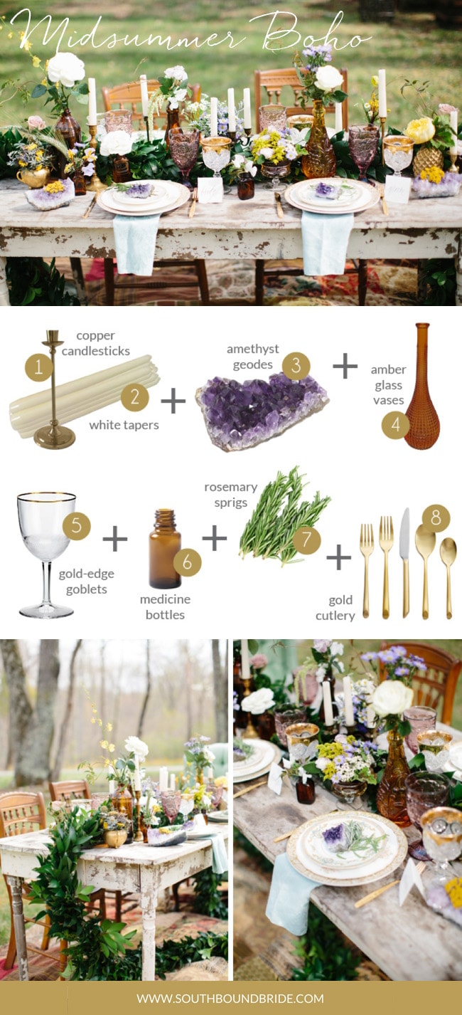 Midsummer Whimsical Boho | How to Style a Boho Wedding Tablescape | Credit: Michelle Lyerly
