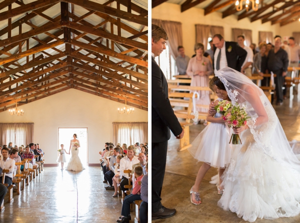 Bride and Flower Girl in Rustic Chapel