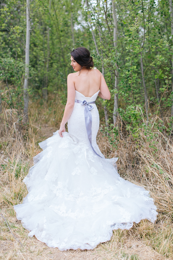 White Wedding Dress with Serenity Blue Ribbon