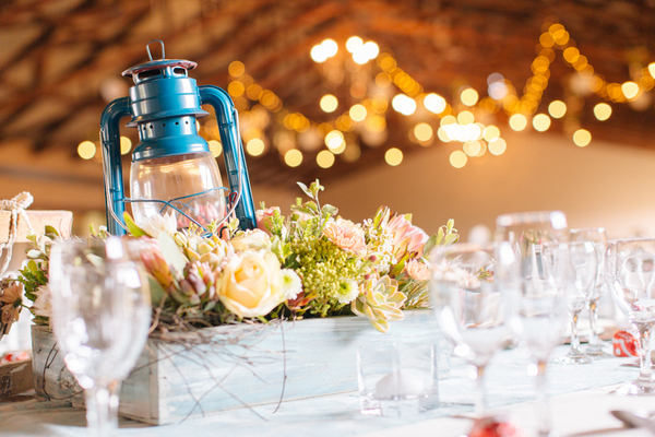 Blue Lantern and Rustic Table Decor at Grin Court