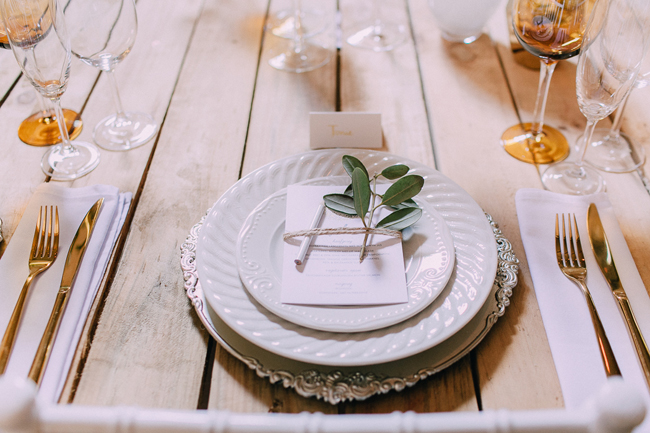 Silver and White Plate Stack with Gold Cutlery