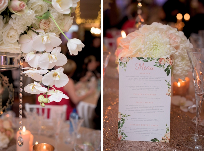 Rose Gold Sequins and White Orchid Arrangements 