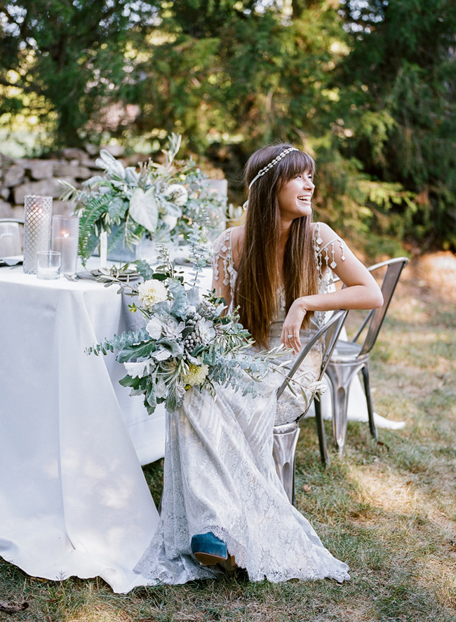 boho bride with industrial organic wedding table