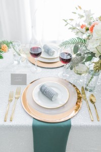 Tablescape with rose gold & teal | SouthBound Bride | Credit: Alexis June Weddings