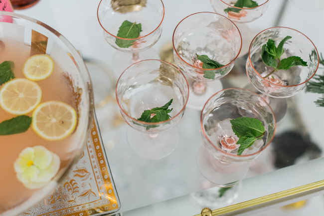 Blush champagne coupes | SouthBound Bride | Credit: Alexis June Weddings