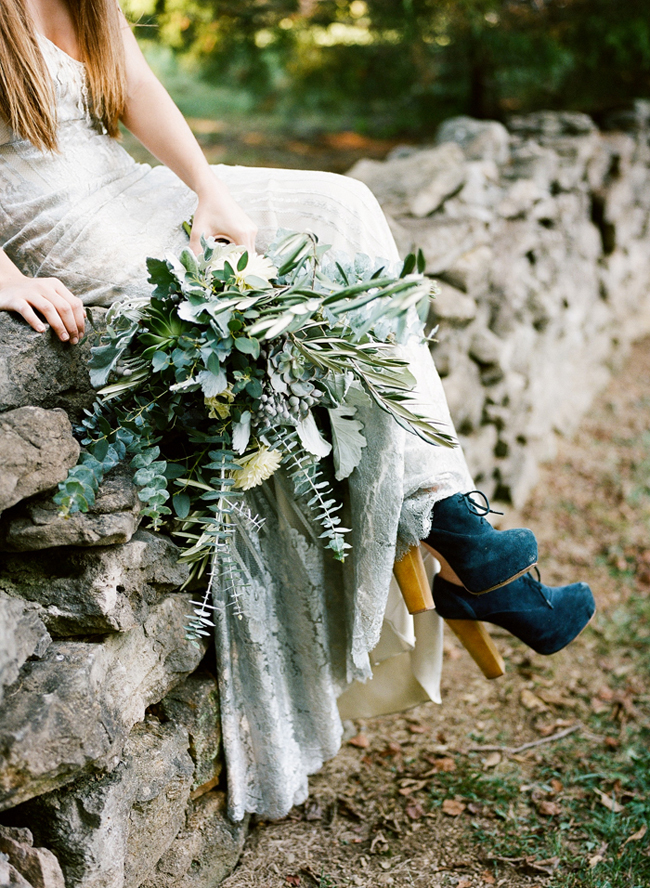olive leaf bouquet and blue suede shoes