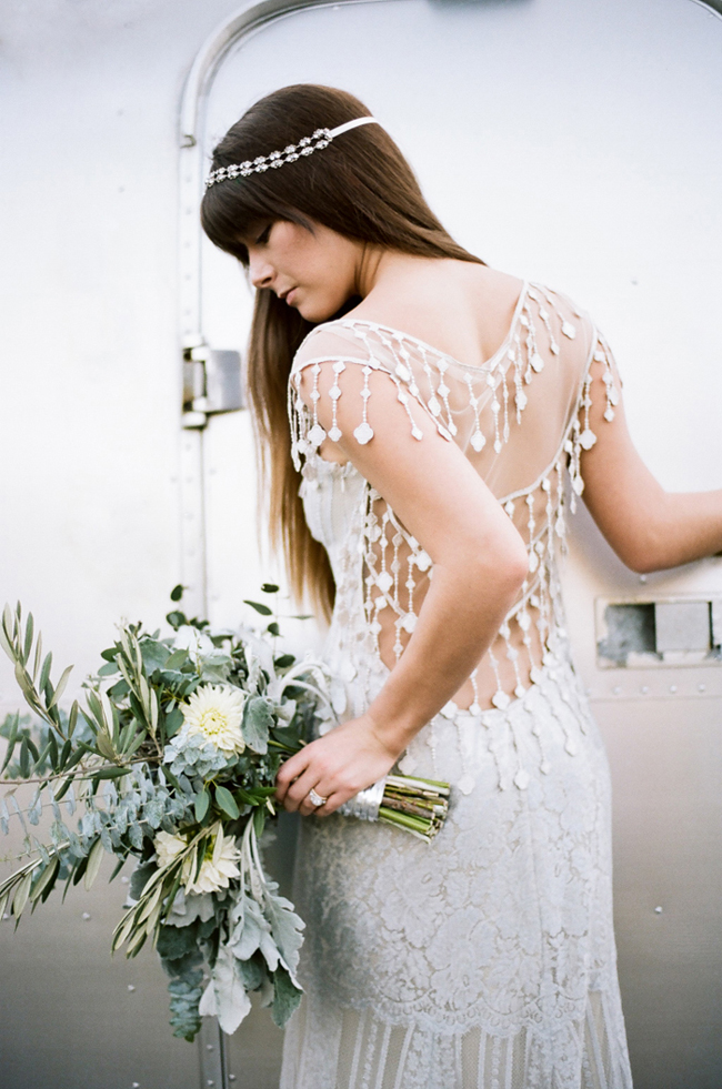 boho bride in claire pettibone wedding dress