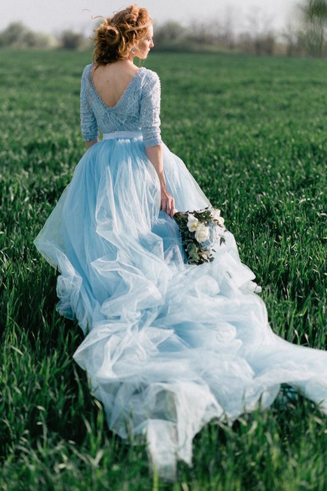 Blue wedding 2024 dress with sleeves