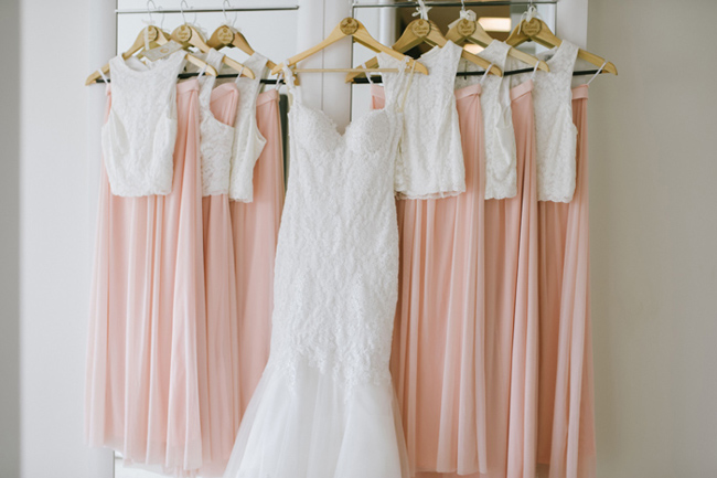 Row of Peach and White Bridesmaid Dresses