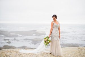 Bride in Elegant Grey Lace Dress
