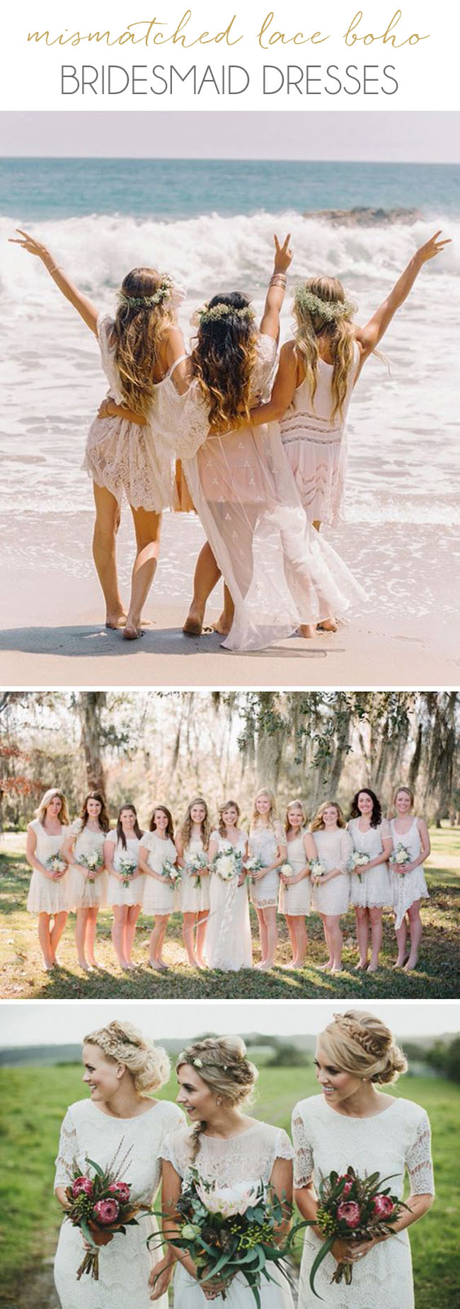 Mismatched White Lace Boho Bridesmaid Dresses | SouthBound Bride