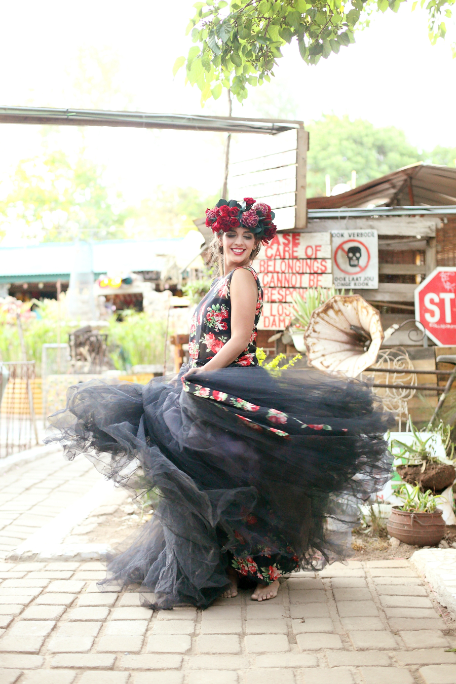 Black Floral Print Wedding Dress with Tulle Skirt | Credit: Hello Love Photography