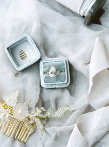 Blue Ring Box with Pear Shaped Diamond | Credit: Courtney Leigh