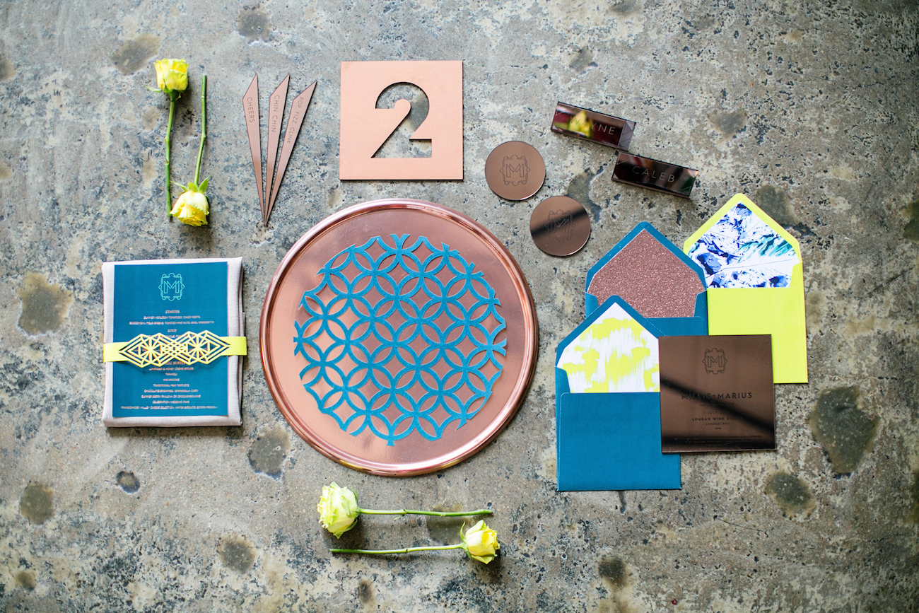 Copper Blue and Yellow Invitation Suite | Credit: Wedding Concepts & Tyme Photography