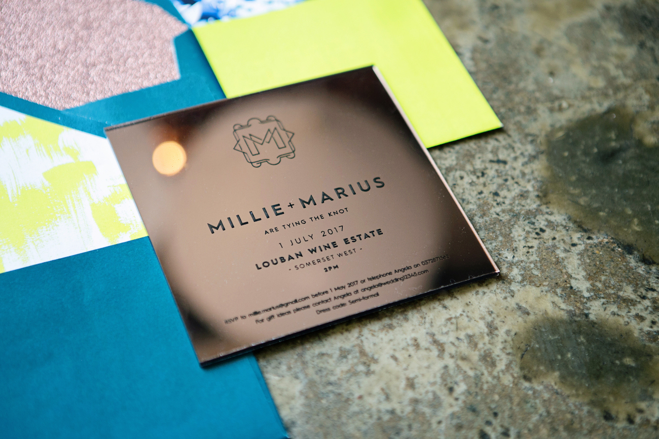 Neon & Copper Wedding Invitation Suite | Credit: Wedding Concepts & Tyme Photography