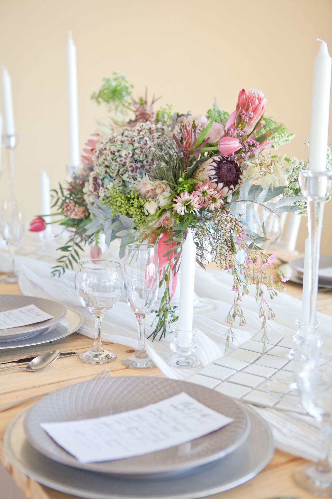 Romantic Protea Table Decor | Image: Corette Faux