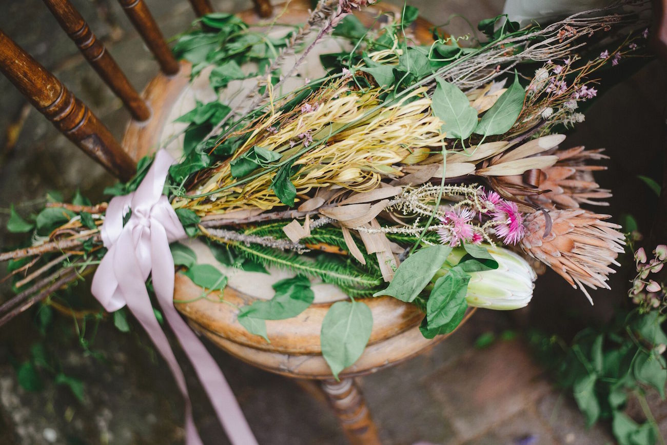 Loose Protea Bouquet | Credit: Oh Happy Day & Roxanne Davison