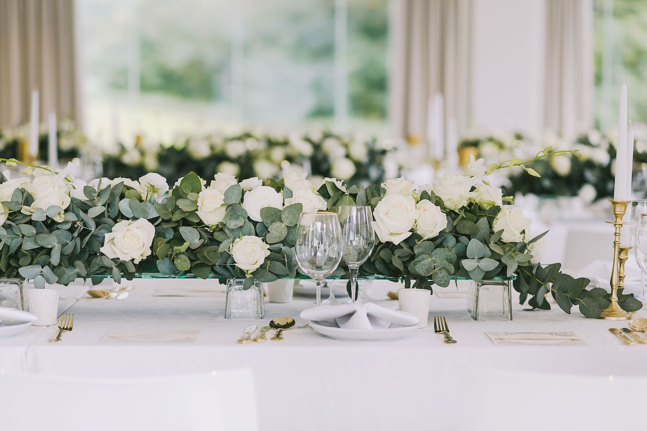 Low Floral and Greenery Centerpiece | Credit: Jani B & Bright and Beautiful
