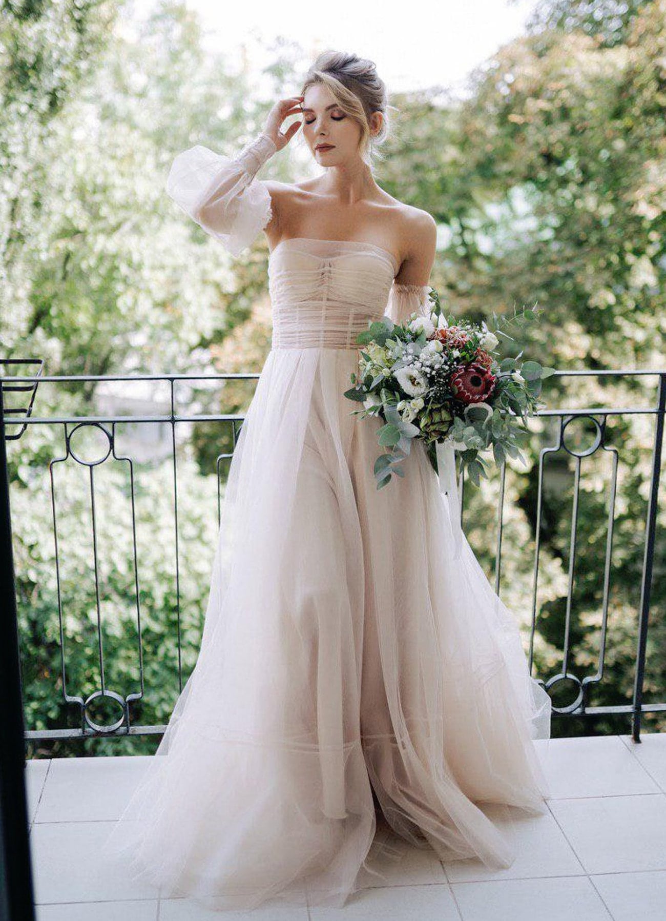 14001#Fairytale A-line Romantic Bustier Floral 3D Flowers Sleeveless  Strapless Pink Organza Slit Wedding Dress Bridal Gown Forma - AliExpress