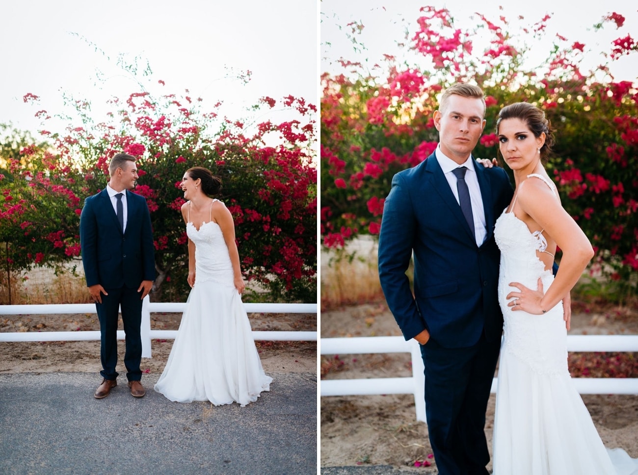 Bride and groom with bougainvillea | Credit: Matthew Carr