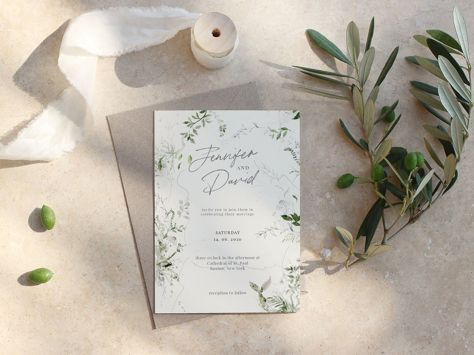 printable greenery wedding invitation