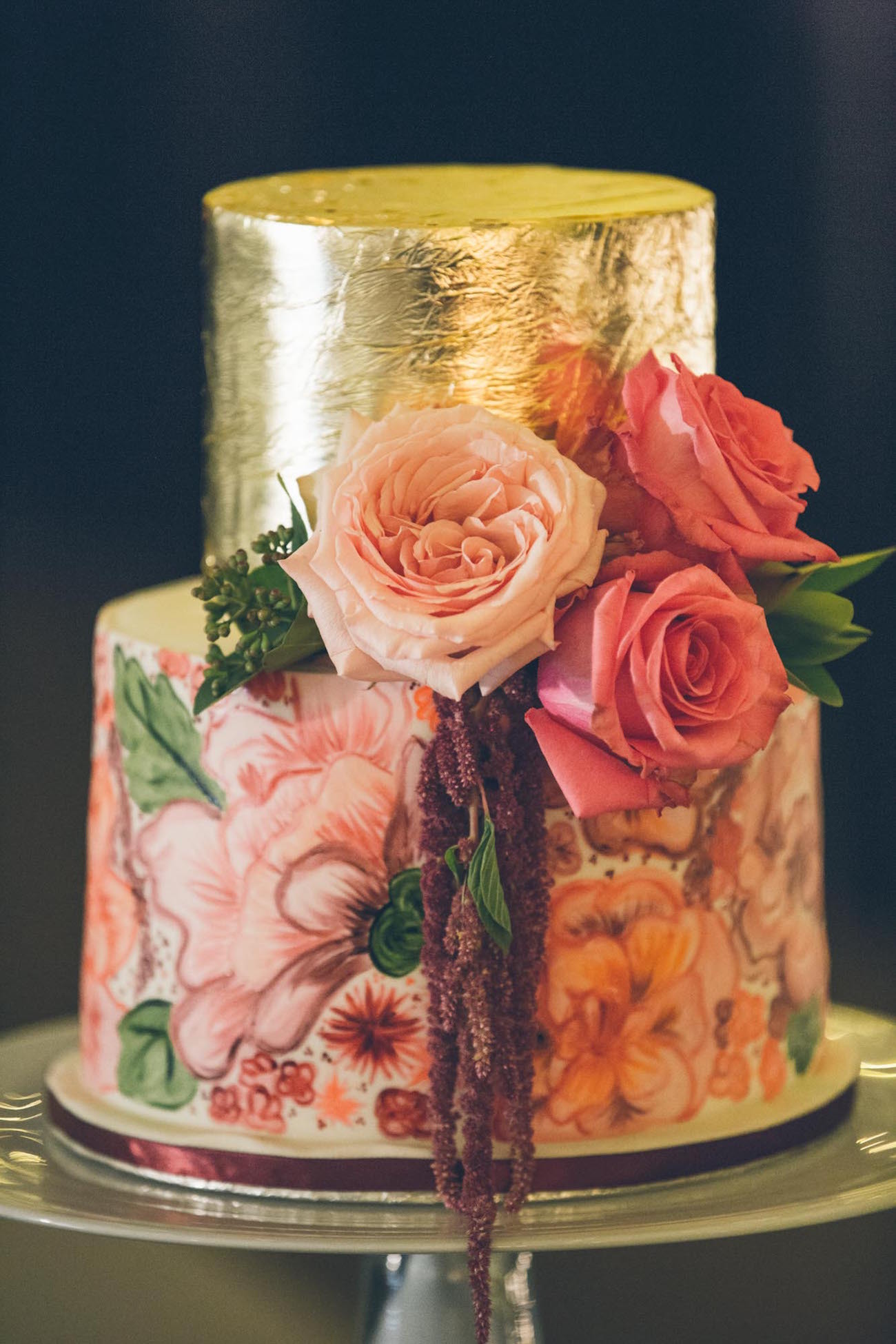 Floral print & gold metallic wedding cake | Credit: Shanna Jones