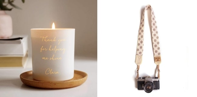 personalised candle + camera strap