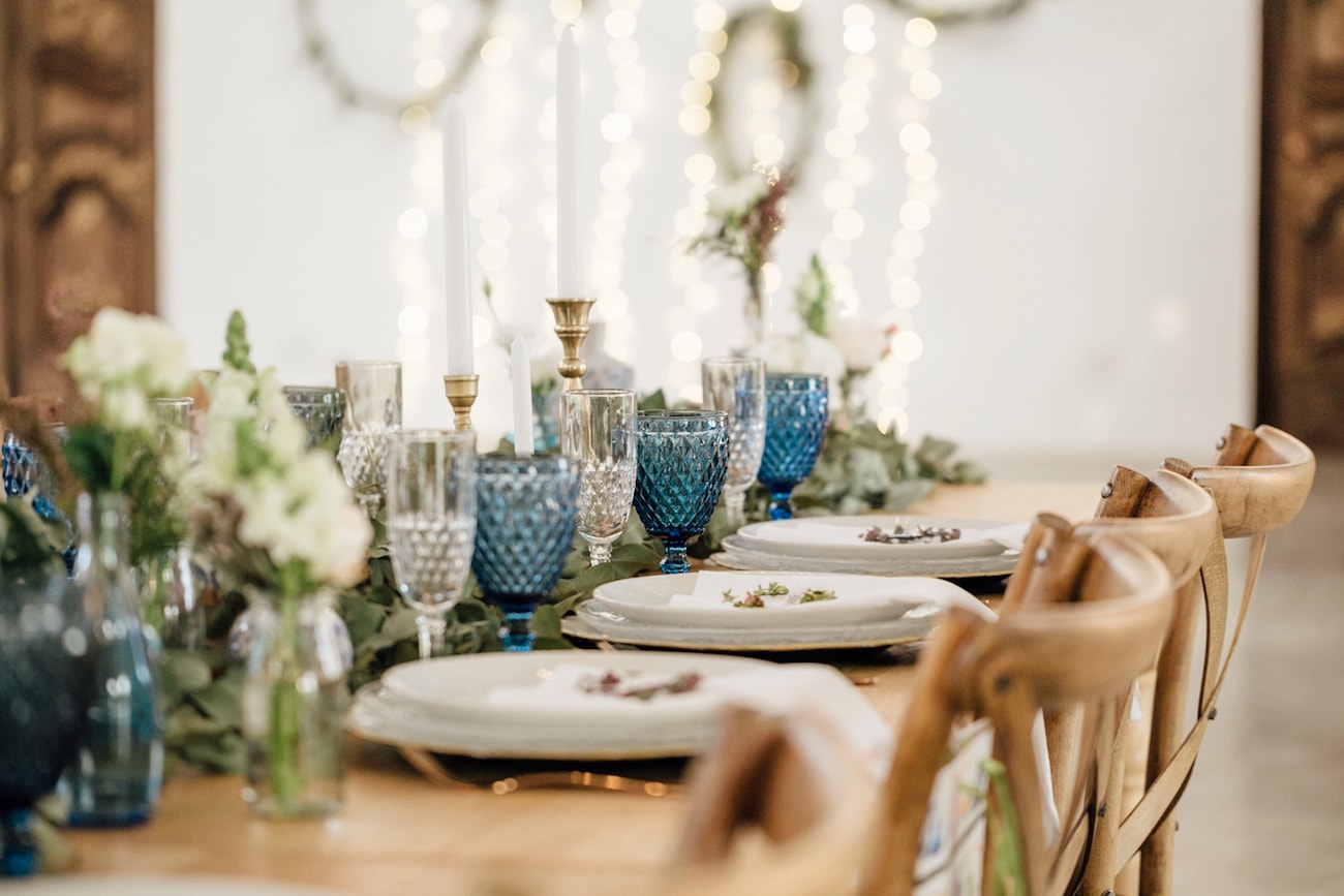 Colored Glassware Wedding Table | Credit: Page & Holmes