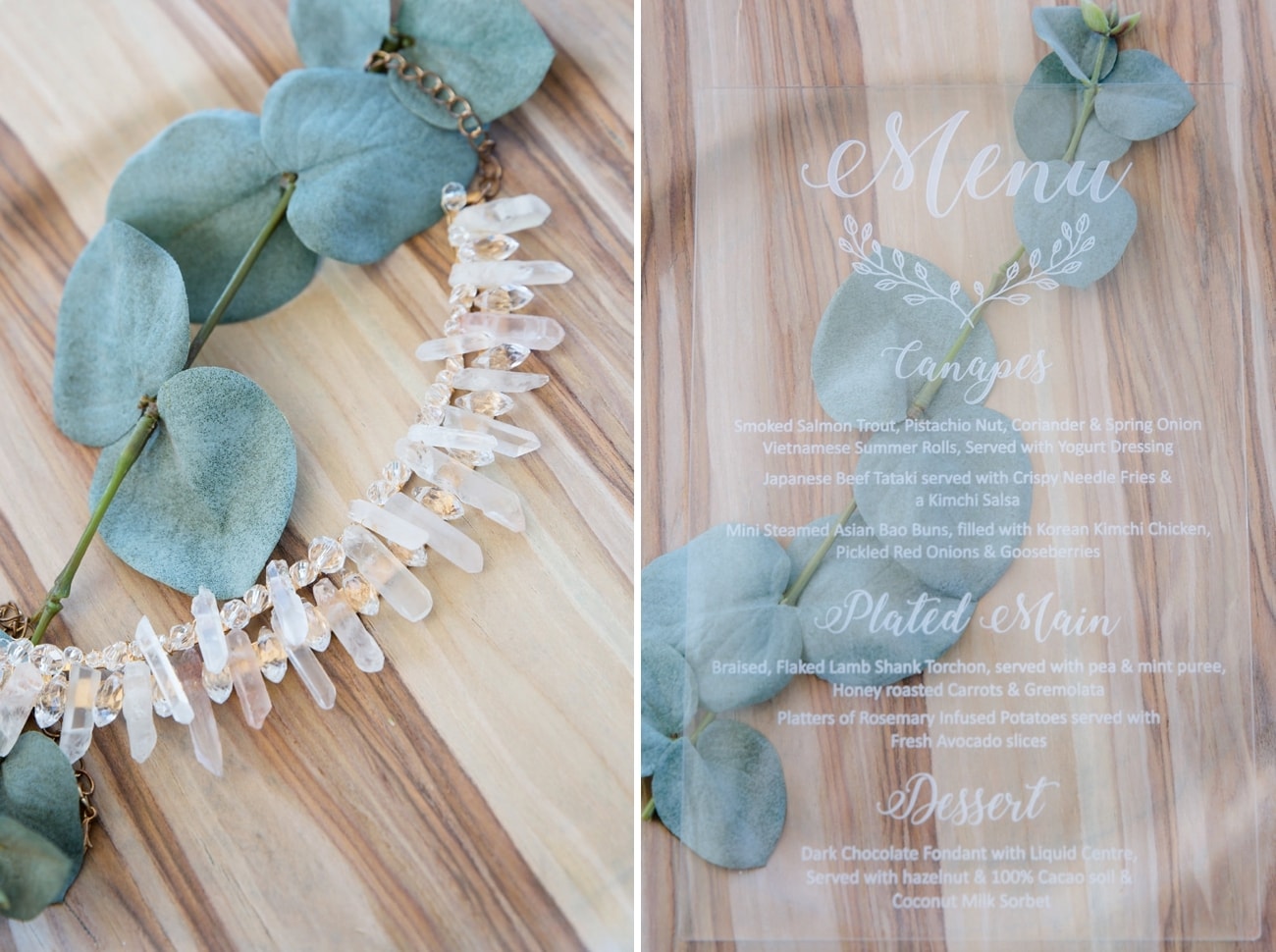 Crystal Bridal Necklace & Perspex Menu | Image: Jaqui Franco