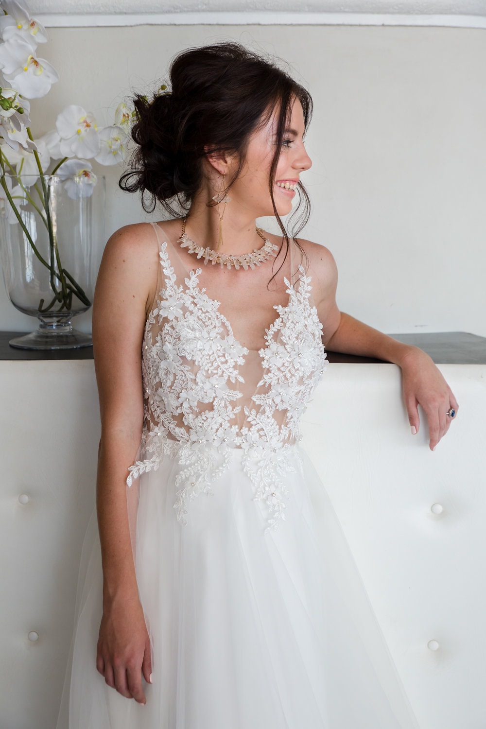 Cindy Bam Sheer Bodice Wedding Dress with Tulle Skirt | Image: Jaqui Franco