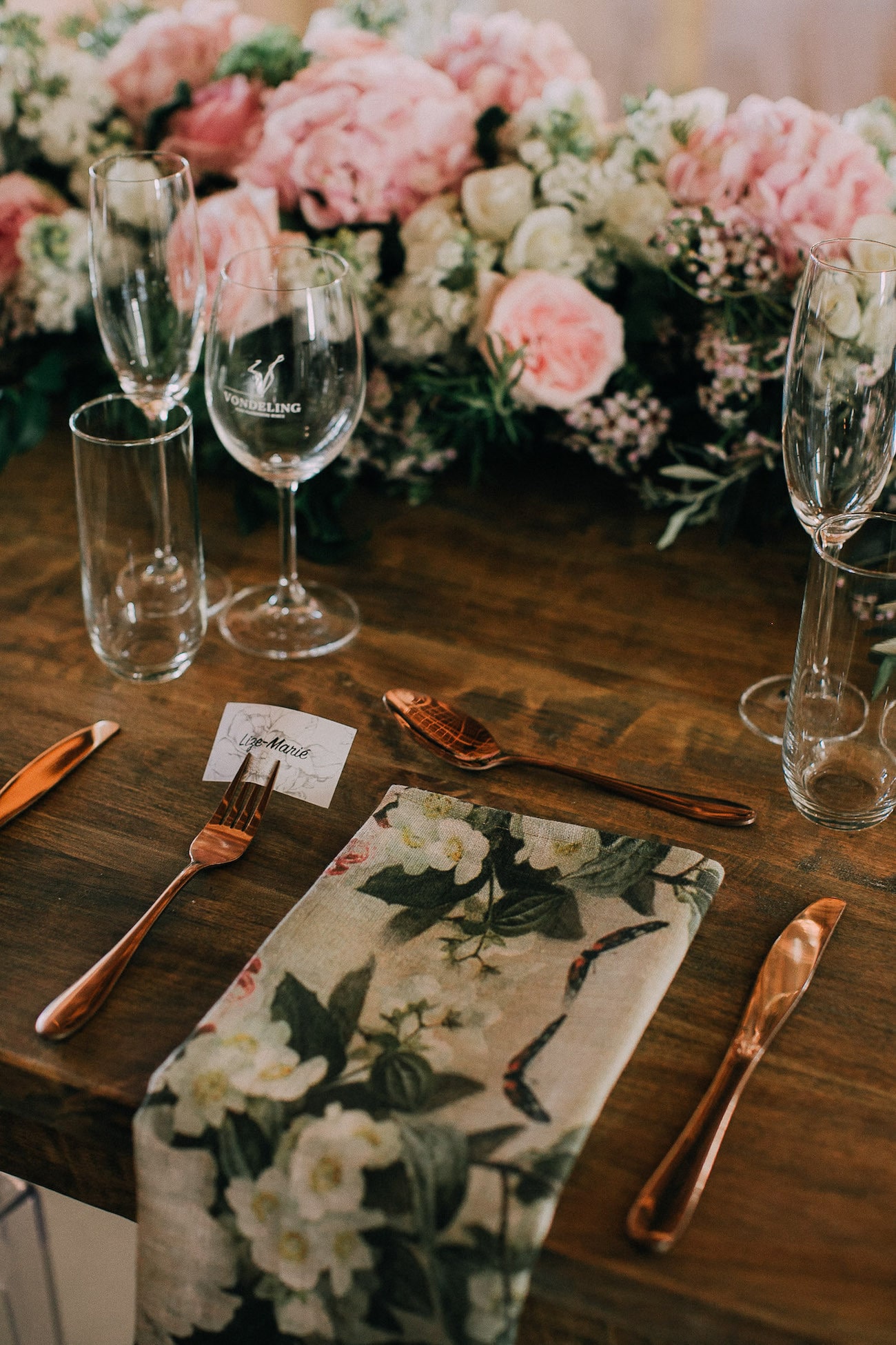 Place Setting with Botanical Linens & Copper Cutlery | Image: Michelle du Toit