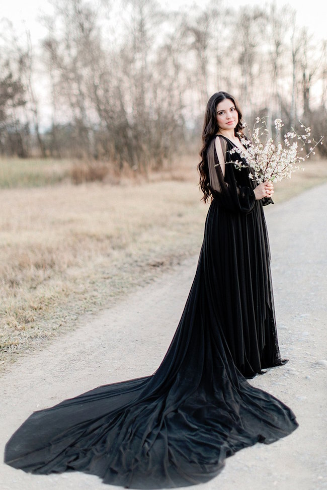 15 Chic Black Wedding Dresses for Bold Brides | Marissa Gown Black by Hannah Tikkanen